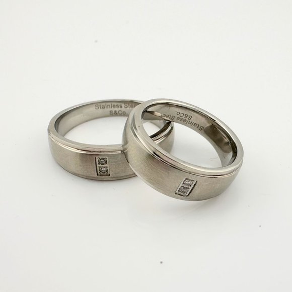 His and Hers Stainless Steel Diamond Wedding Band Set (Size 5 & Size 10) - Picture 1 of 7